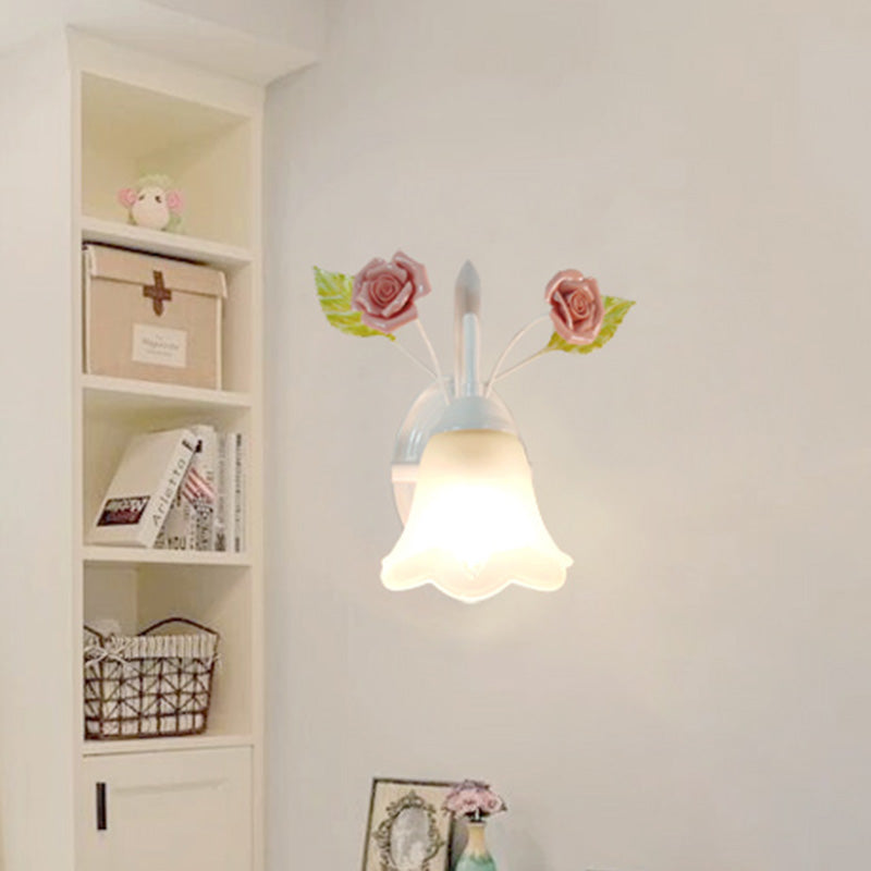 Rynx | Ivory Glass Flower Wall Lamp Country 1 Main Living Room Wall Lighting Fixture in White/Pink/Blue