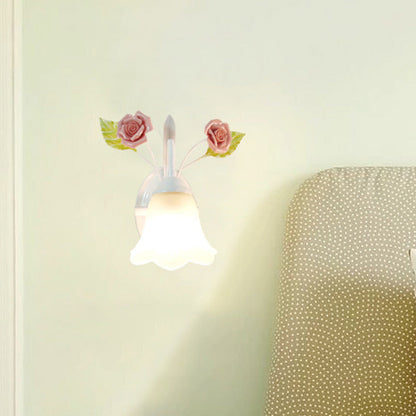 Rynx | Ivory Glass Flower Wall Lamp Country 1 Main Living Room Wall Lighting Fixture in White/Pink/Blue