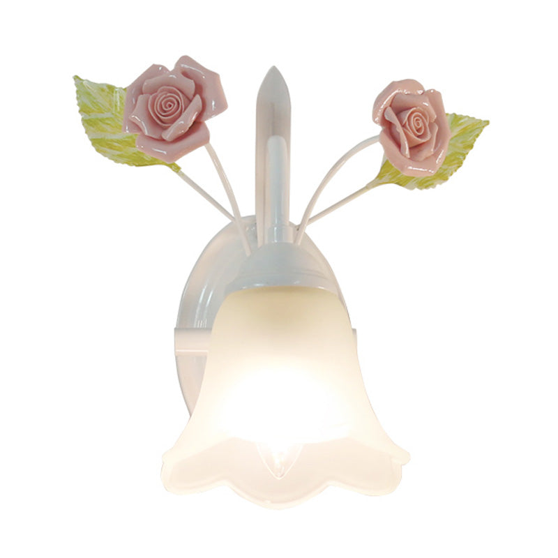 Rynx | Ivory Glass Flower Wall Lamp Country 1 Main Living Room Wall Lighting Fixture in White/Pink/Blue