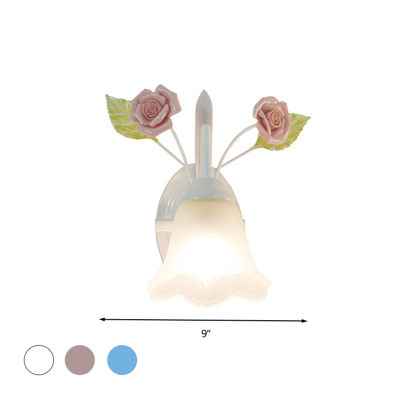 Rynx | Ivory Glass Flower Wall Lamp Country 1 Main Living Room Wall Lighting Fixture in White/Pink/Blue