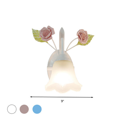 Rynx | Ivory Glass Flower Wall Lamp Country 1 Main Living Room Wall Lighting Fixture in White/Pink/Blue