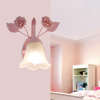 Rynx | Ivory Glass Flower Wall Lamp Country 1 Main Living Room Wall Lighting Fixture in White/Pink/Blue