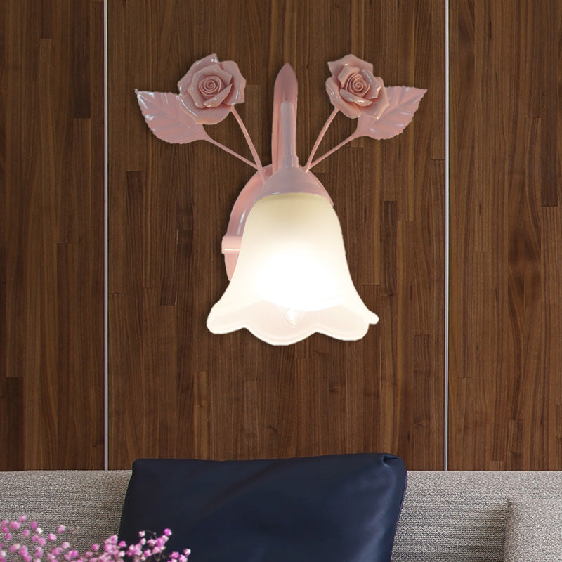 Rynx | Ivory Glass Flower Wall Lamp Country 1 Main Living Room Wall Lighting Fixture in White/Pink/Blue
