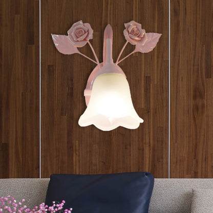 Rynx | Ivory Glass Flower Wall Lamp Country 1 Main Living Room Wall Lighting Fixture in White/Pink/Blue