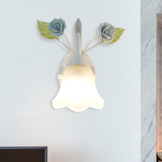 Rynx | Ivory Glass Flower Wall Lamp Country 1 Main Living Room Wall Lighting Fixture in White/Pink/Blue