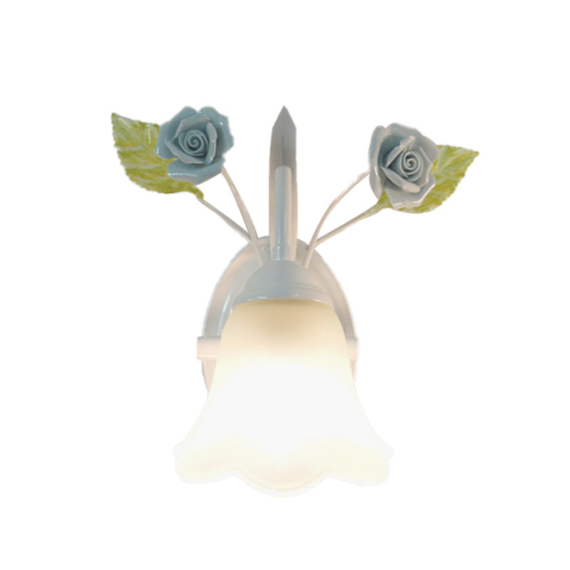 Rynx | Ivory Glass Flower Wall Lamp Country 1 Main Living Room Wall Lighting Fixture in White/Pink/Blue