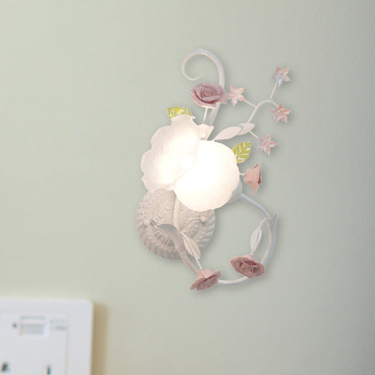 Rynx | Traditionalism Flower Pattern Wall-Mounted Lamp 1 Main Tap White Glass Wall Lamp for Bedroom, Left/Right