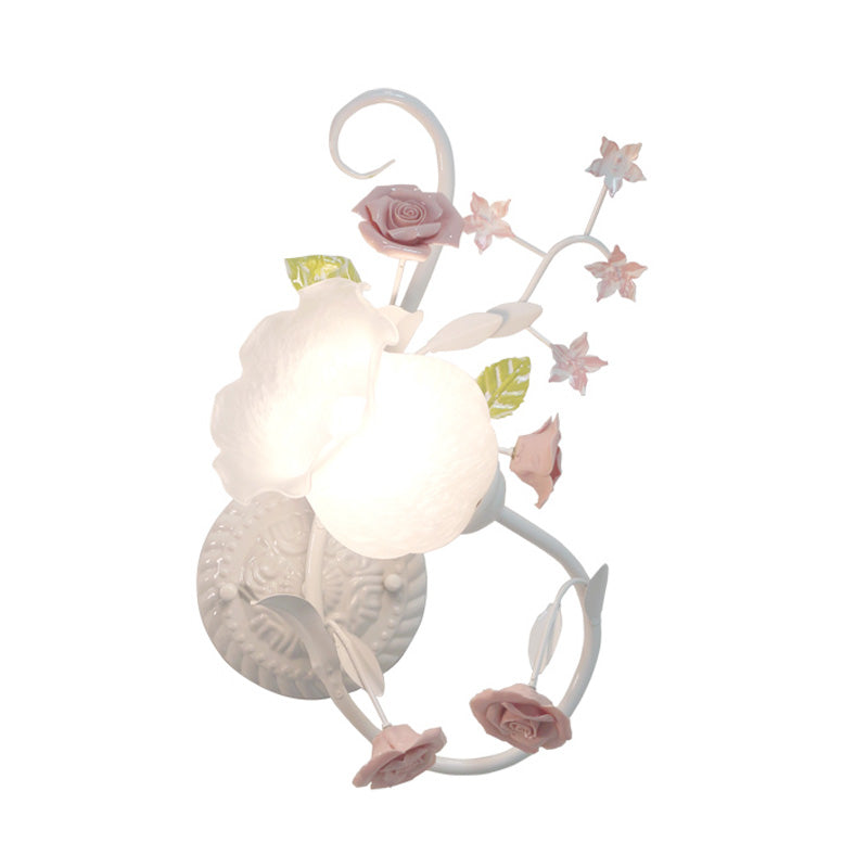 Rynx | Traditionalism Flower Pattern Wall-Mounted Lamp 1 Main Tap White Glass Wall Lamp for Bedroom, Left/Right