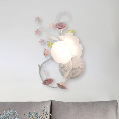 Rynx | Traditionalism Flower Pattern Wall-Mounted Lamp 1 Main Tap White Glass Wall Lamp for Bedroom, Left/Right