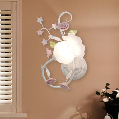 Rynx | Traditionalism Flower Pattern Wall-Mounted Lamp 1 Main Tap White Glass Wall Lamp for Bedroom, Left/Right
