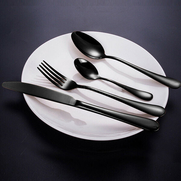 RYNX | Set Black 32 pcs Stainless Steel Knife Fork Spoon Stylish Teaspoon Kitchen