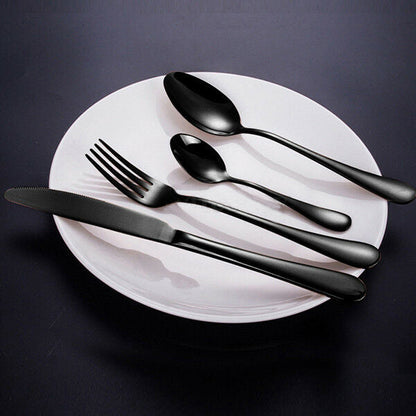 RYNX | Set Black 32 pcs Stainless Steel Knife Fork Spoon Stylish Teaspoon Kitchen