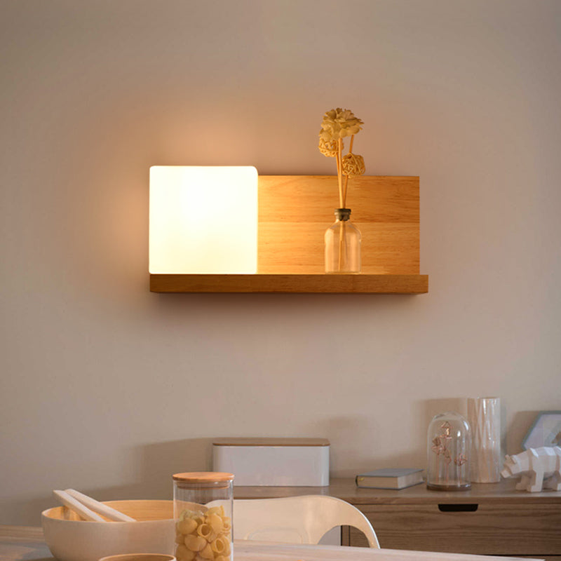 Rynx | White Glass Square Wall Lamp Chinese 1 Bulb Wood Wall Mounted Light for Dining Room