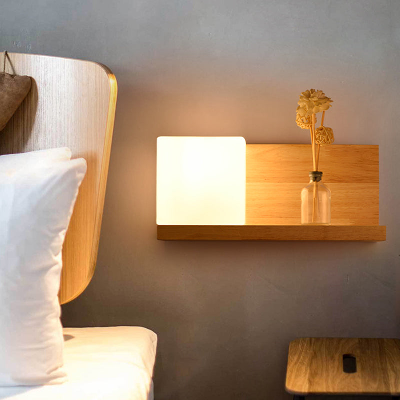 Rynx | White Glass Square Wall Lamp Chinese 1 Bulb Wood Wall Mounted Light for Dining Room