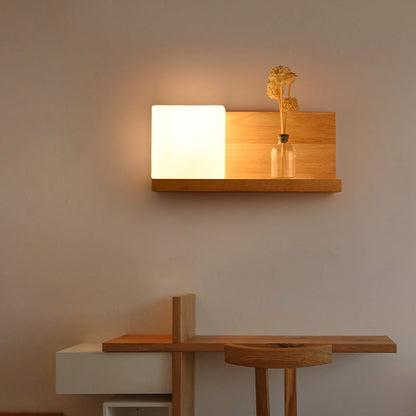 Rynx | White Glass Square Wall Lamp Chinese 1 Bulb Wood Wall Mounted Light for Dining Room