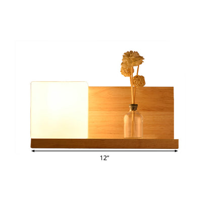 Rynx | White Glass Square Wall Lamp Chinese 1 Bulb Wood Wall Mounted Light for Dining Room