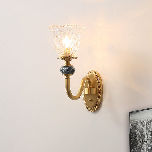 Rynx | 1/2 Heads Clear Glass Wall Lamp Vintage Brass Flower Bedroom LED Wall Mounted Lighting