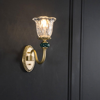 Rynx | 1/2 Heads Clear Glass Wall Lamp Vintage Brass Flower Bedroom LED Wall Mounted Lighting