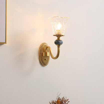 Rynx | 1/2 Heads Clear Glass Wall Lamp Vintage Brass Flower Bedroom LED Wall Mounted Lighting