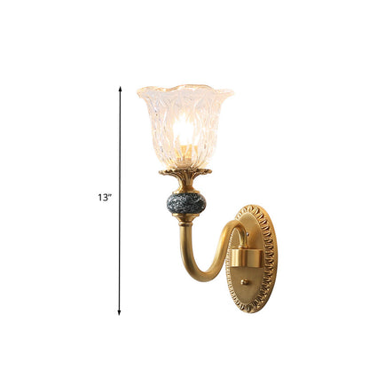 Rynx | 1/2 Heads Clear Glass Wall Lamp Vintage Brass Flower Bedroom LED Wall Mounted Lighting