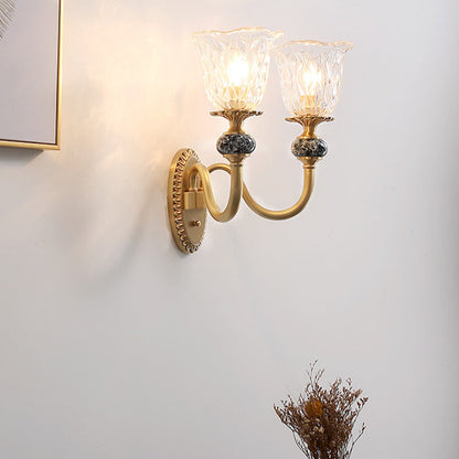 Rynx | 1/2 Heads Clear Glass Wall Lamp Vintage Brass Flower Bedroom LED Wall Mounted Lighting