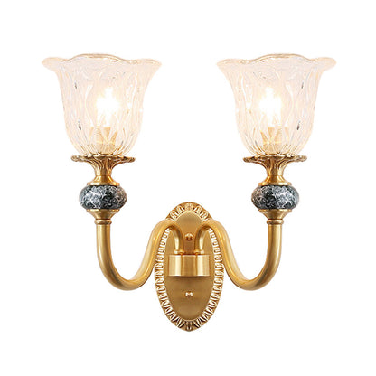 Rynx | 1/2 Heads Clear Glass Wall Lamp Vintage Brass Flower Bedroom LED Wall Mounted Lighting