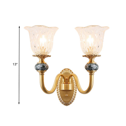 Rynx | 1/2 Heads Clear Glass Wall Lamp Vintage Brass Flower Bedroom LED Wall Mounted Lighting