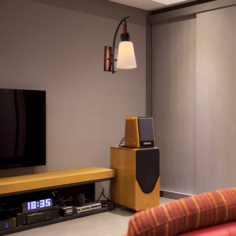 Rynx | Modern Cone Wall Light Opal Glass and Wood 1 Head Bedroom Wall Mounted Lamp in Reddish Brown