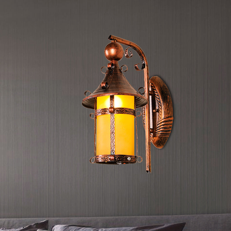 Rynx | House Hall Wall Light Fixture Yellow Glass 1 Light Vintage Wall-mounted Light with Curved Arm in Weathered Copper