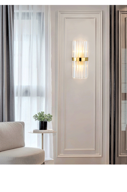 Rynx | Cylinder/Curved Wall Lamp Postmodern Prism/Ribbed Crystal 2-Light Living Room Ceiling Mount Wall Lamp in Gold