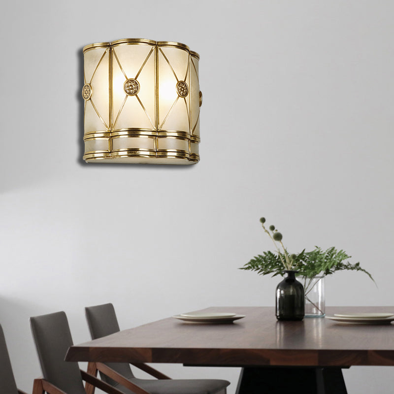 Rynx | Gold N tapered/cylindrical wall lamp 7.5"/10" H Vintage frosted glass 1 lamp flush sconce light