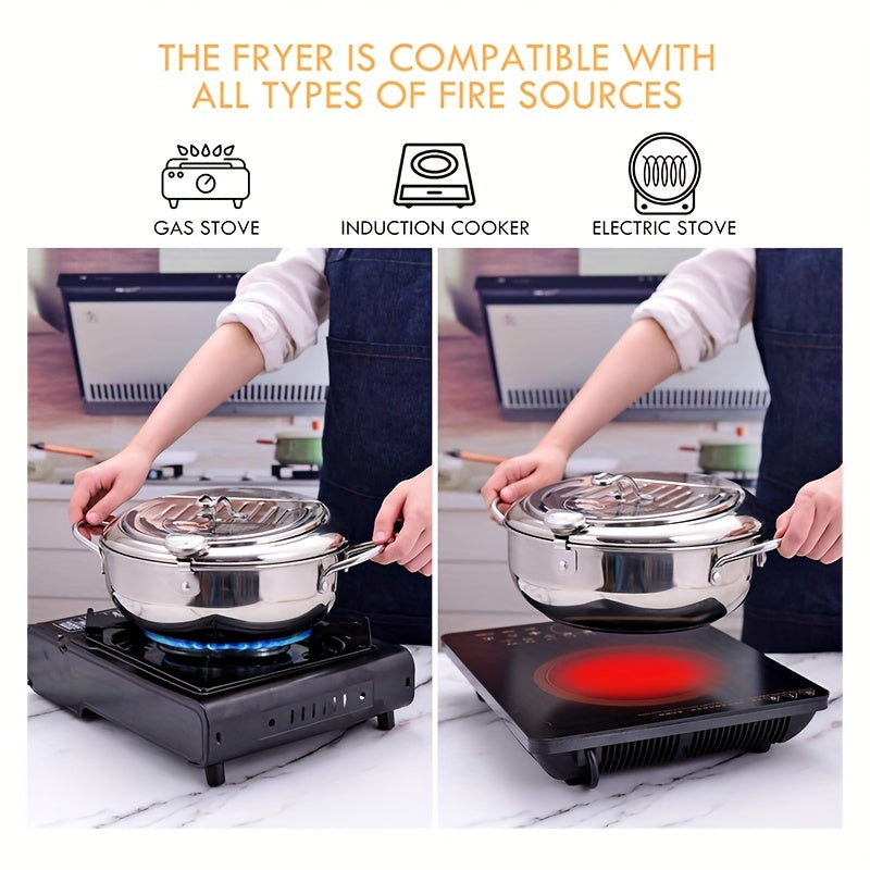 Rynx | 304 Stainless Steel Tempura Fryer Pot – 2.2L, Non-Stick, with Thermometer & Lid for Chicken & Tempura