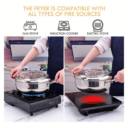 Rynx | 304 Stainless Steel Tempura Fryer Pot – 2.2L, Non-Stick, with Thermometer & Lid for Chicken & Tempura