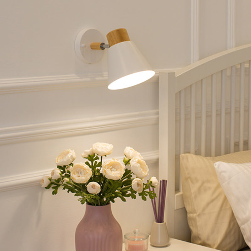 Rynx | Modernist Conical Wall Lamp Metal 1 Lamp Wall Mount Light Fixture in White with Wooden Cover