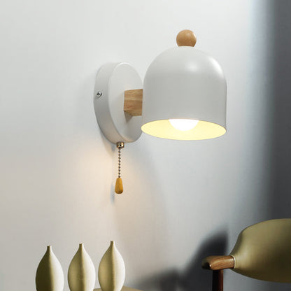 Rynx | Tube Metal Wall Lamp Contemporary 1 Head White Wall Light Fixture with Swing Wooden Arm and Pull Chain