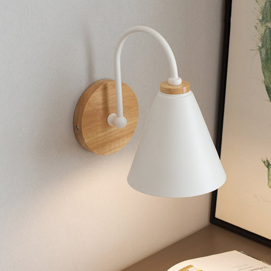 Rynx | 1 Head Cone Wall Lighting Modern Metal Wall Lamp in White with Circle Wood Back Plate