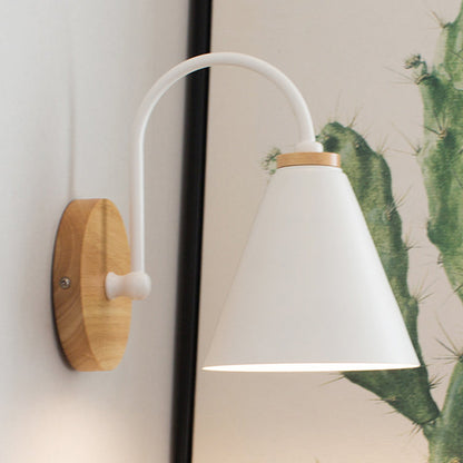 Rynx | 1 Head Cone Wall Lighting Modern Metal Wall Lamp in White with Circle Wood Back Plate