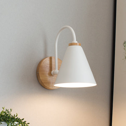 Rynx | 1 Head Cone Wall Lighting Modern Metal Wall Lamp in White with Circle Wood Back Plate