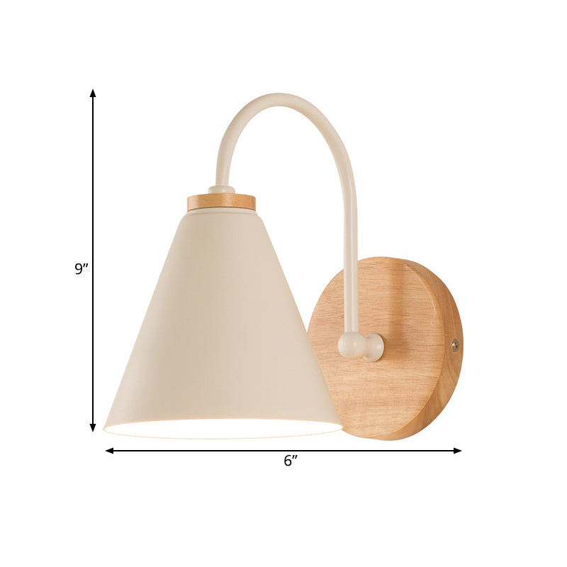 Rynx | 1 Head Cone Wall Lighting Modern Metal Wall Lamp in White with Circle Wood Back Plate