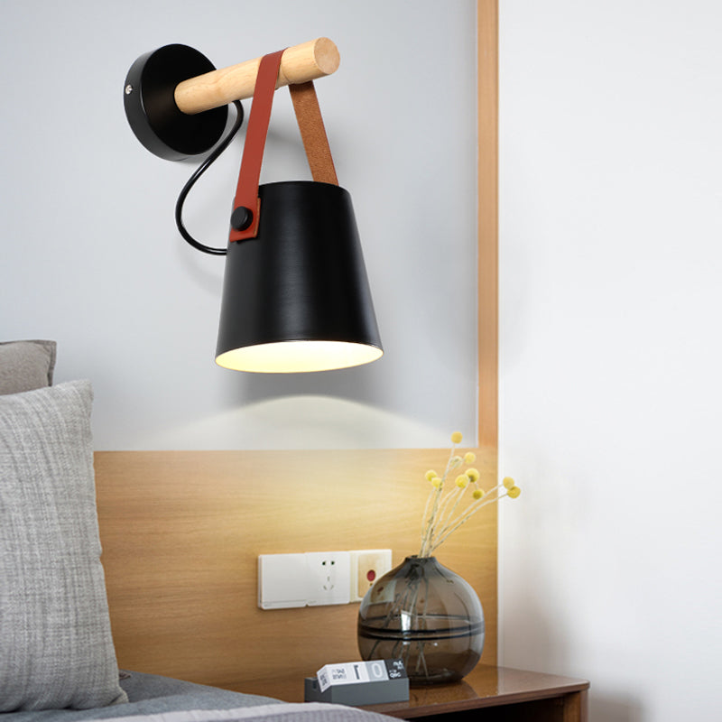 Rynx | Metal Cone Wall Lamp Modernist 1 Head White/Black Wall Lighting With Wooden Arm