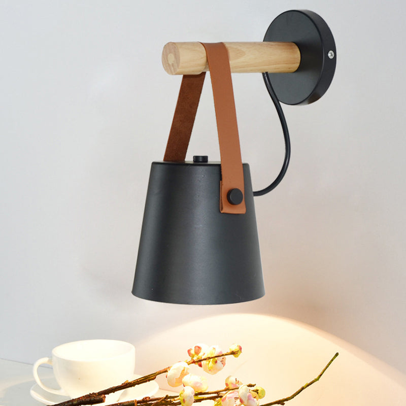 Rynx | Metal Cone Wall Lamp Modernist 1 Head White/Black Wall Lighting With Wooden Arm