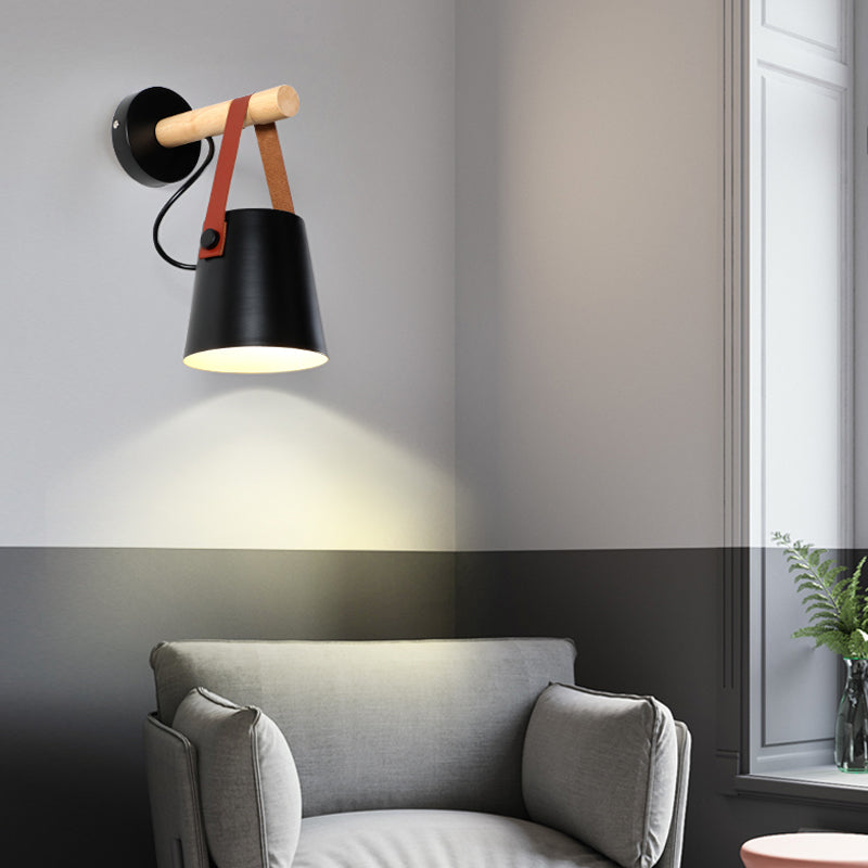 Rynx | Metal Cone Wall Lamp Modernist 1 Head White/Black Wall Lighting With Wooden Arm