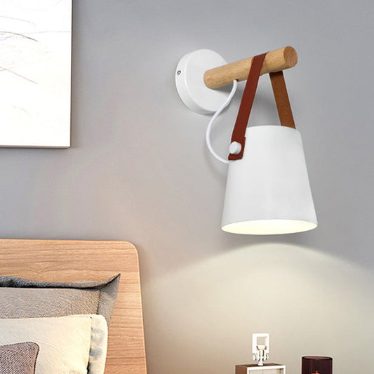 Rynx | Metal Cone Wall Lamp Modernist 1 Head White/Black Wall Lighting With Wooden Arm
