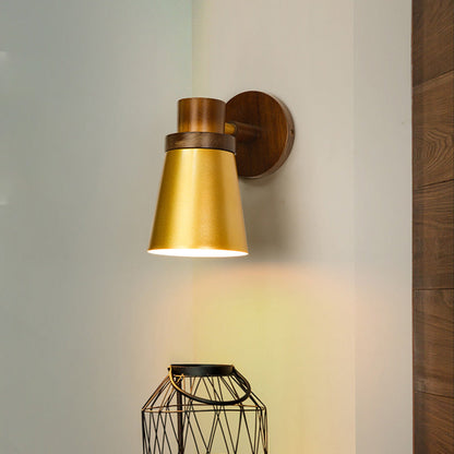 Rynx | Minimalistic Cone Wooden Wall Lamp 1 Main Lighting Fixture in Gold for Living Room