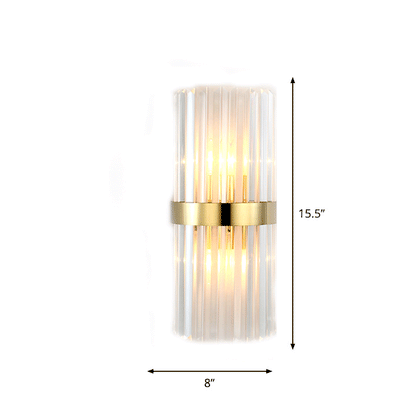 Rynx | Cylinder/Curved Wall Lamp Postmodern Prism/Ribbed Crystal 2-Light Living Room Ceiling Mount Wall Lamp in Gold