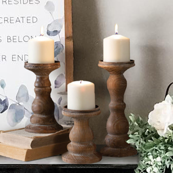Rynx | Natural wood pillar candle holders, set of 3