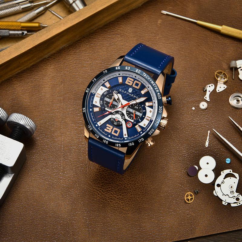 Rynx | Men's stainless steel quartz watch with leather strap