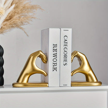 Rynx | Heavy Duty Bookends with Golden Finger Heart Design - Modern Art for Home Decoration