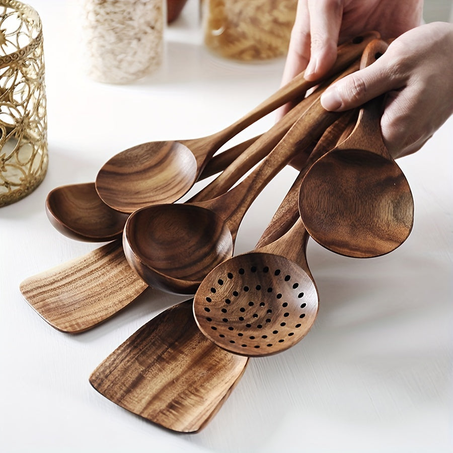 Rynx | 7pcs Premium Teak Wooden Cooking Spoons Set - Ergonomic Non-Stick Spatula with Soft Grip Handle - Perfect for Back to School, Kitchen Essentials, and Culinary Arts