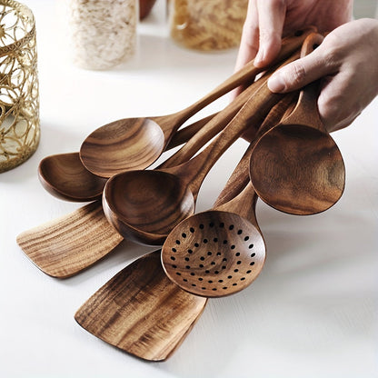 Rynx | 7pcs Premium Teak Wooden Cooking Spoons Set - Ergonomic Non-Stick Spatula with Soft Grip Handle - Perfect for Back to School, Kitchen Essentials, and Culinary Arts